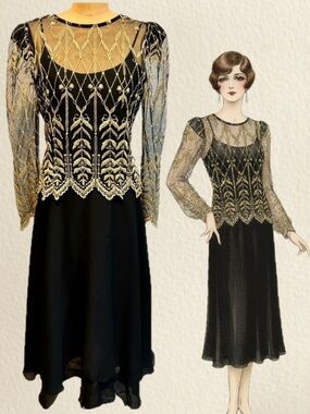 VINTAGE 80s evening gown gold embroidery illusion sheer sleeves midi fancy dress